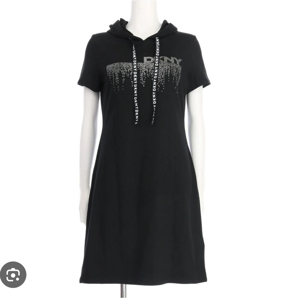DKNY Black Short Sleeve Sparkling Logo Hooded Dress Size S NWOT